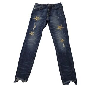 Almost Famous Womens Mid Rise Skinny Jeans Dark Wash Gold Glitter Star Size 3